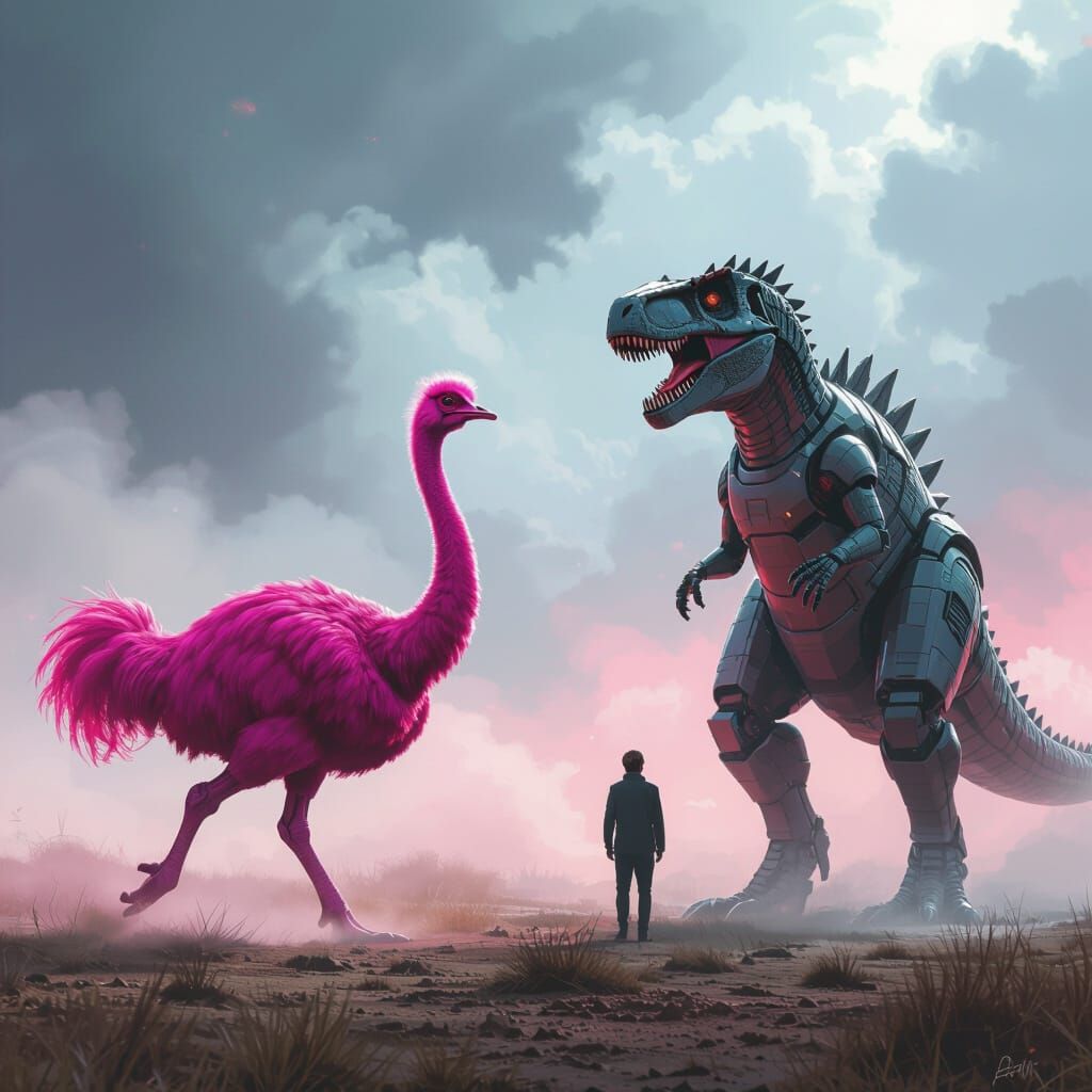 Pink Ostrich Becomes Robot Dinosaur Encountering T-Rex