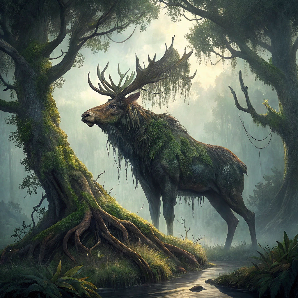 Mystical Moose-Buffalo Hybrid in a Swamp, Hyper-Realistic