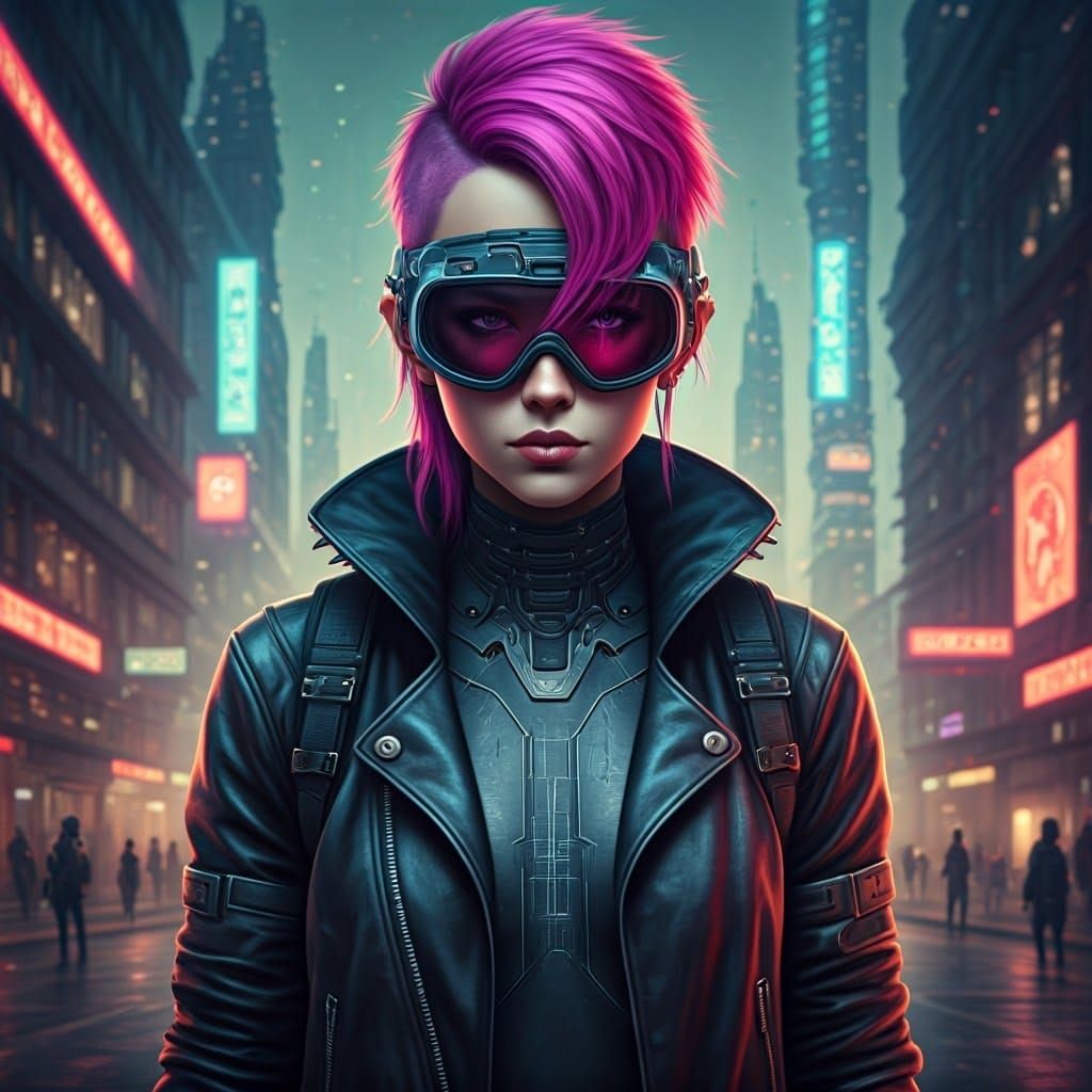 Cyberpunk Girl in Neon Cityscape