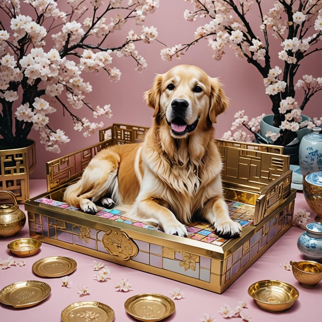Cyborg Golden Retriever in 2080s Tokyo Livingroom