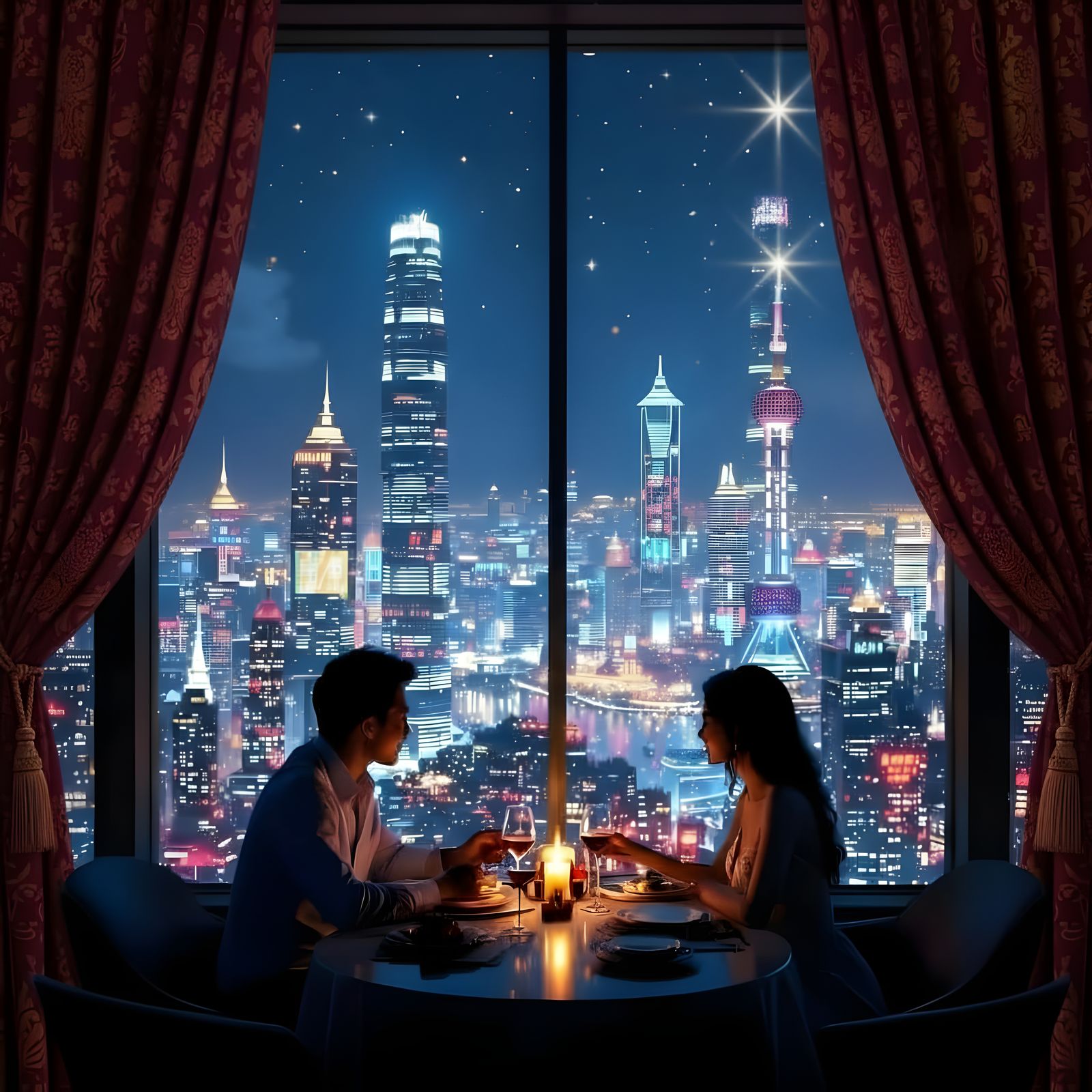 Couple's Candlelight Dinner in Whimsical Asian Skyscraper