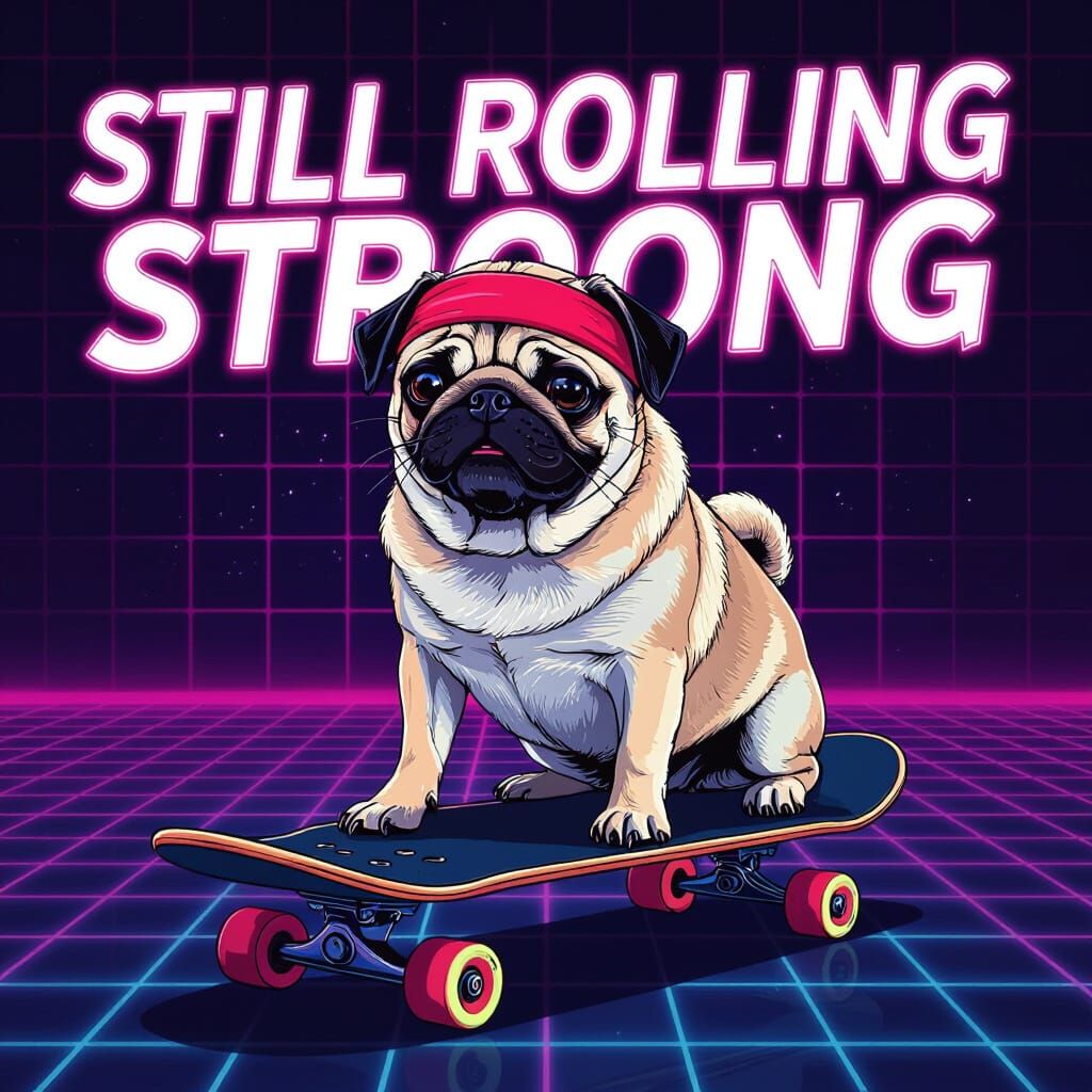 Pug on Skateboard with 80s Neon Grid