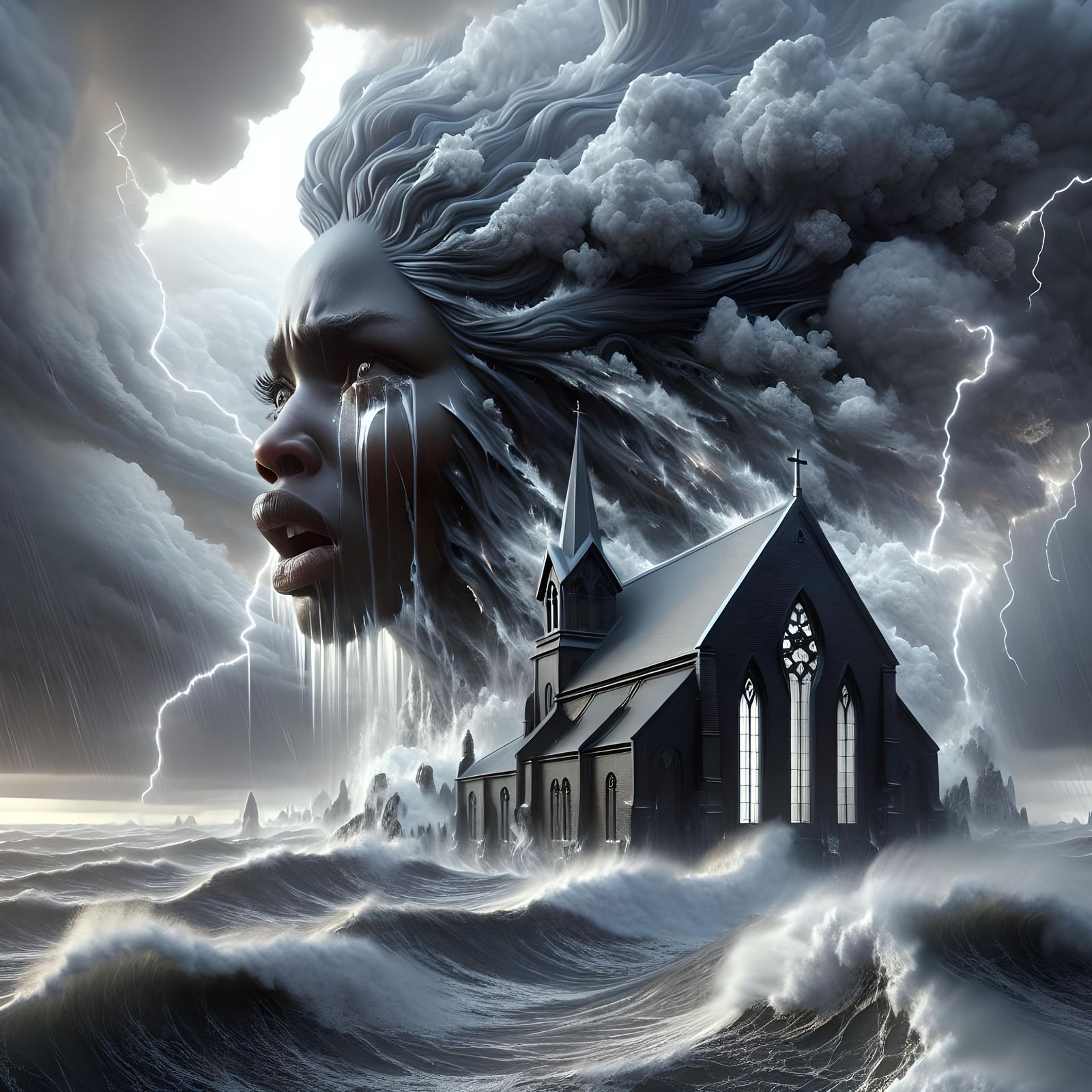 Angry Woman's Face in Storm, Digital 3D Art