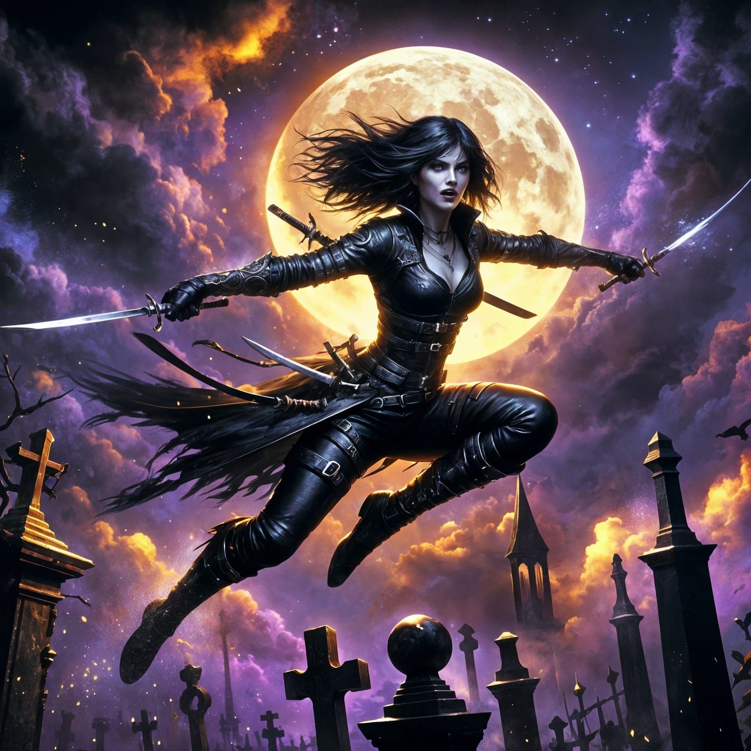Vampire Leaping with Swords in Digital Fantasy Art