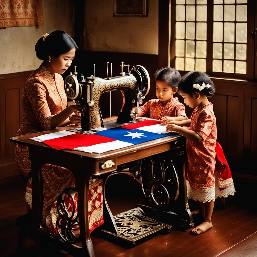 Indonesian Mother Sewing Monaco Flag in Rembrandt Style