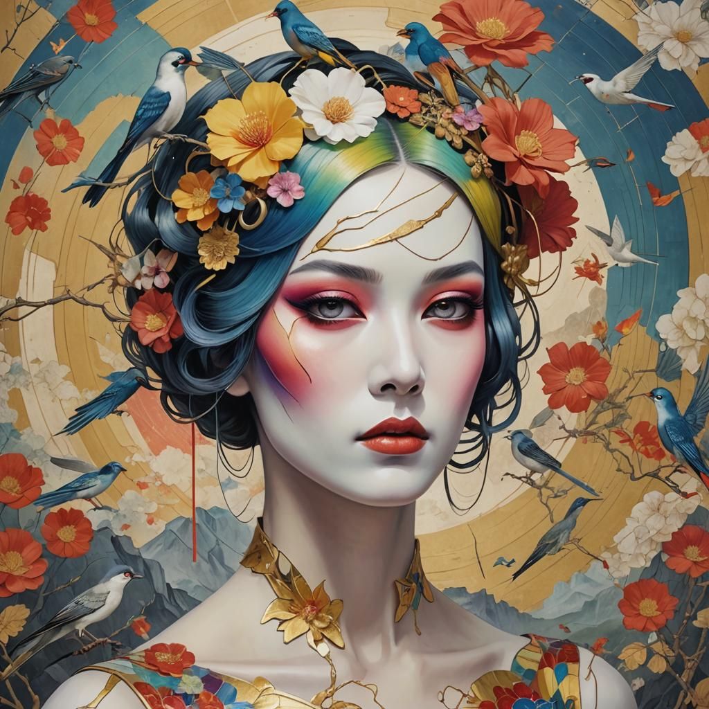 Phantom Woman with Rainbow Hair in Kintsugi Style