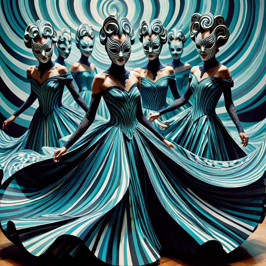 Surreal Op-Art Masquerade with Dancers in Shifting Dimension...