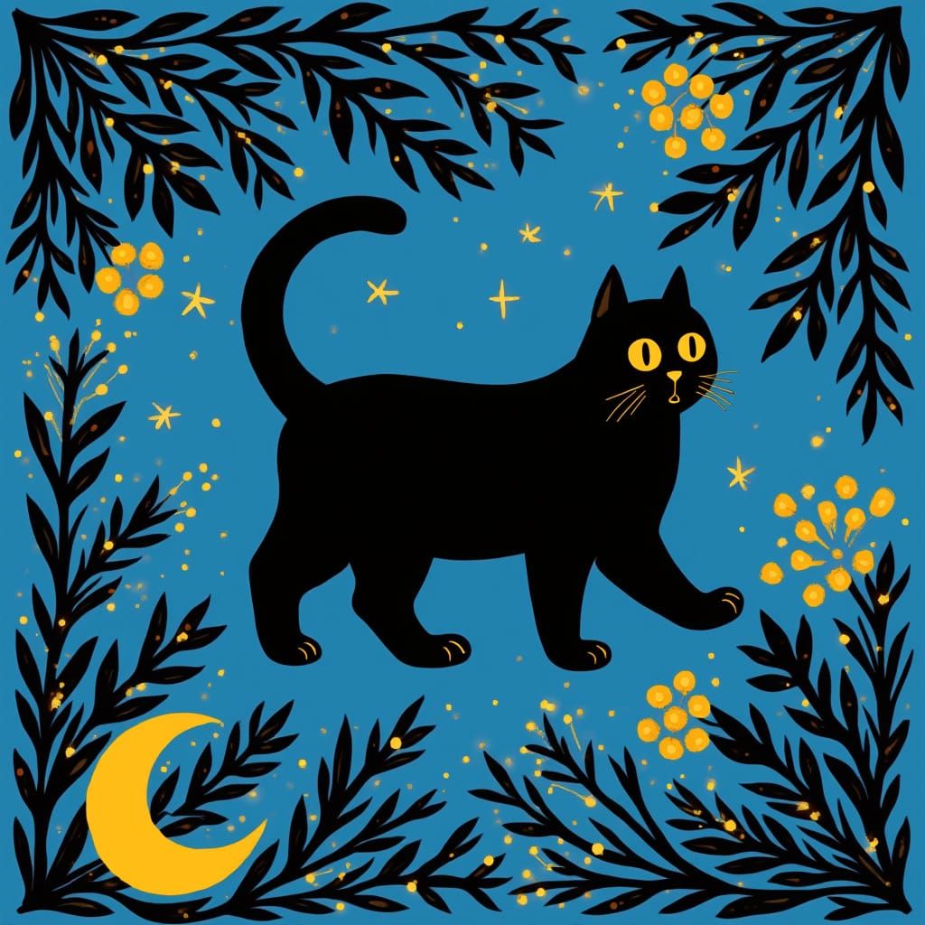 Black Cat on Blue, Flat Graphic Style Illustration
