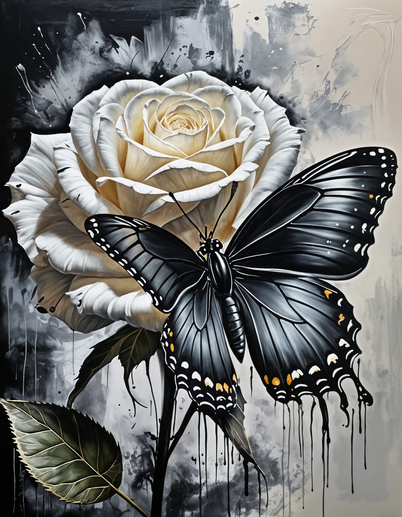 Black Butterfly on White Rose: Grunge Style Painting