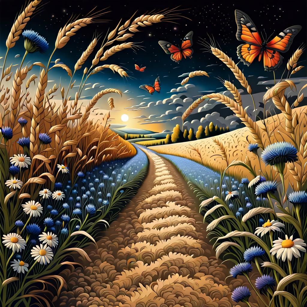 Cosmic Folk Art Path Through Wheat Field