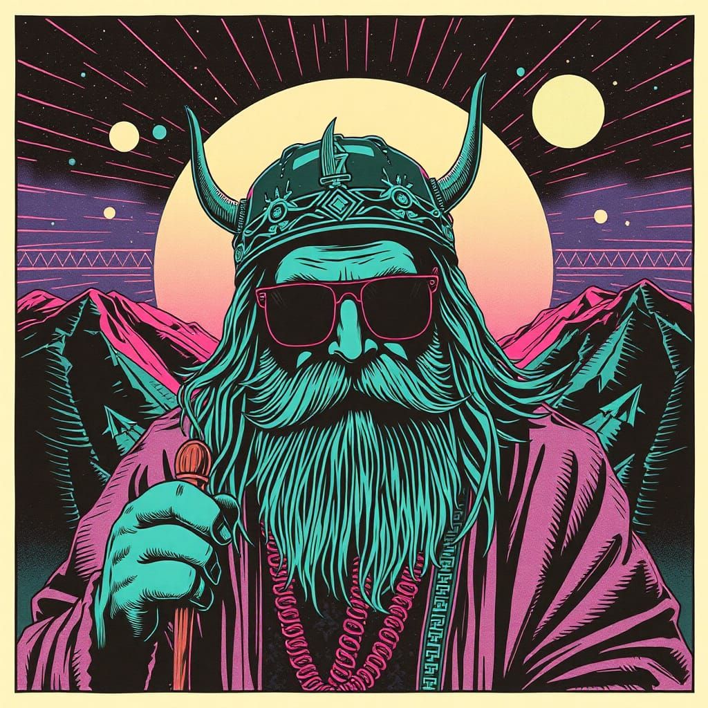 Vaporwave Linocut of Kalevala Figures