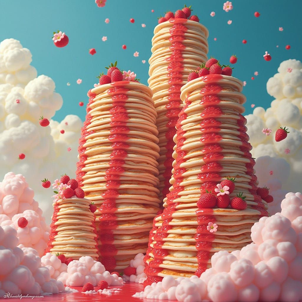 Surreal Cityscape of Fluffy Pancakes and Whimsical Wonder