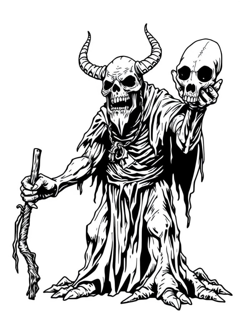 Lich with Skull Staff in 1980s D&D Line Art