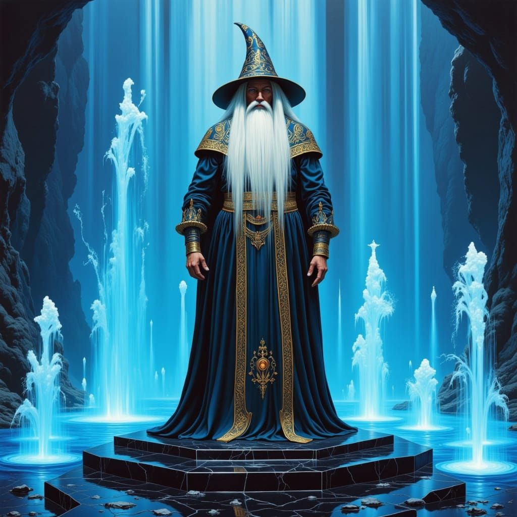 Wizard on Obsidian Platform in Psychedelic Sea