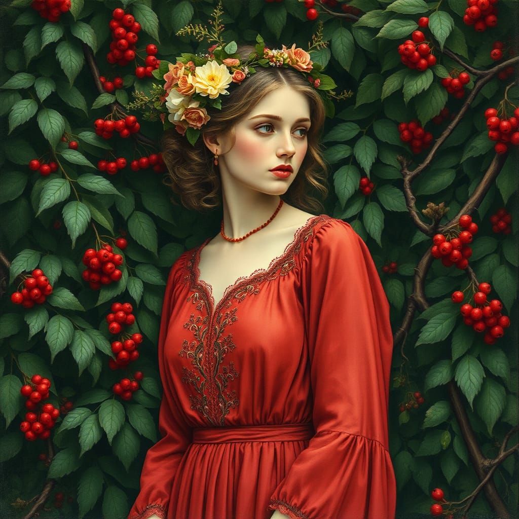Woman in Floral Headpiece, Pre-Raphaelite Style