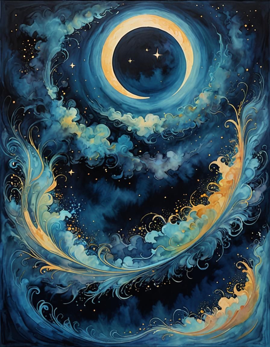 Mystical Moon Silk Painting with Celestial Glyphs