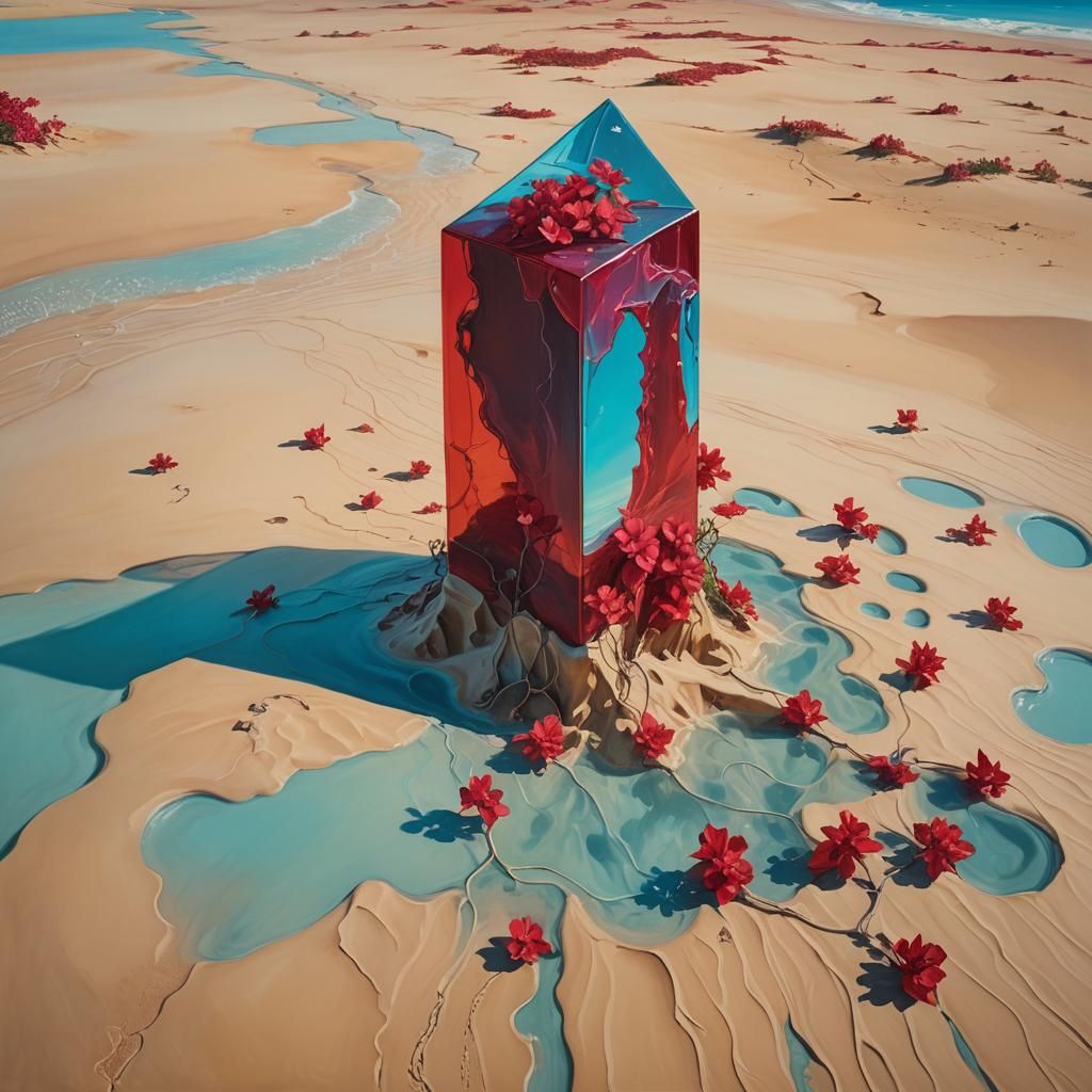 Surreal Red Monolith Rises from Dunes, Fauvist Oil Painting