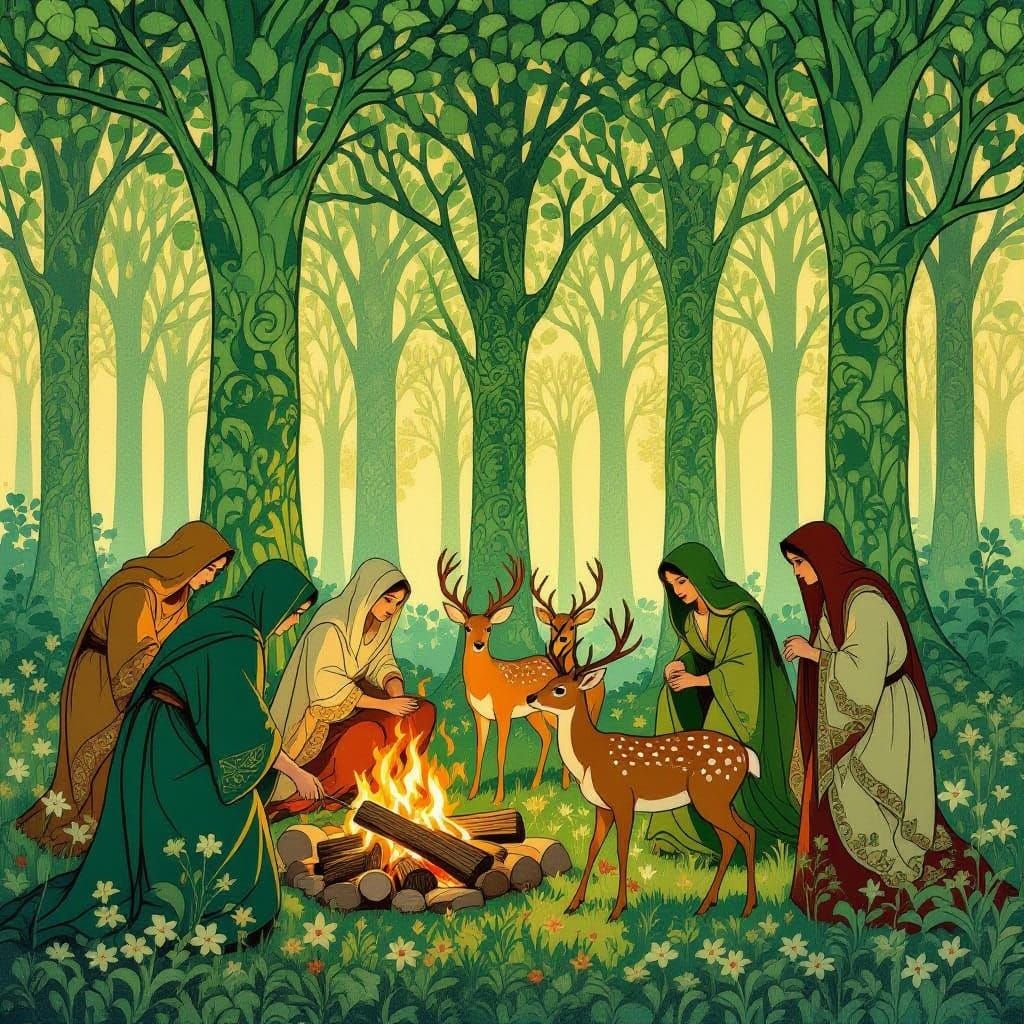 Mystical Forest Gathering in Art Nouveau Style