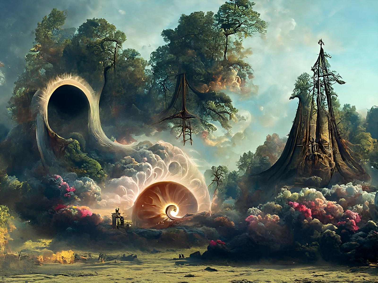 Surreal Symbolic Landscape Painting in Art Brut Style