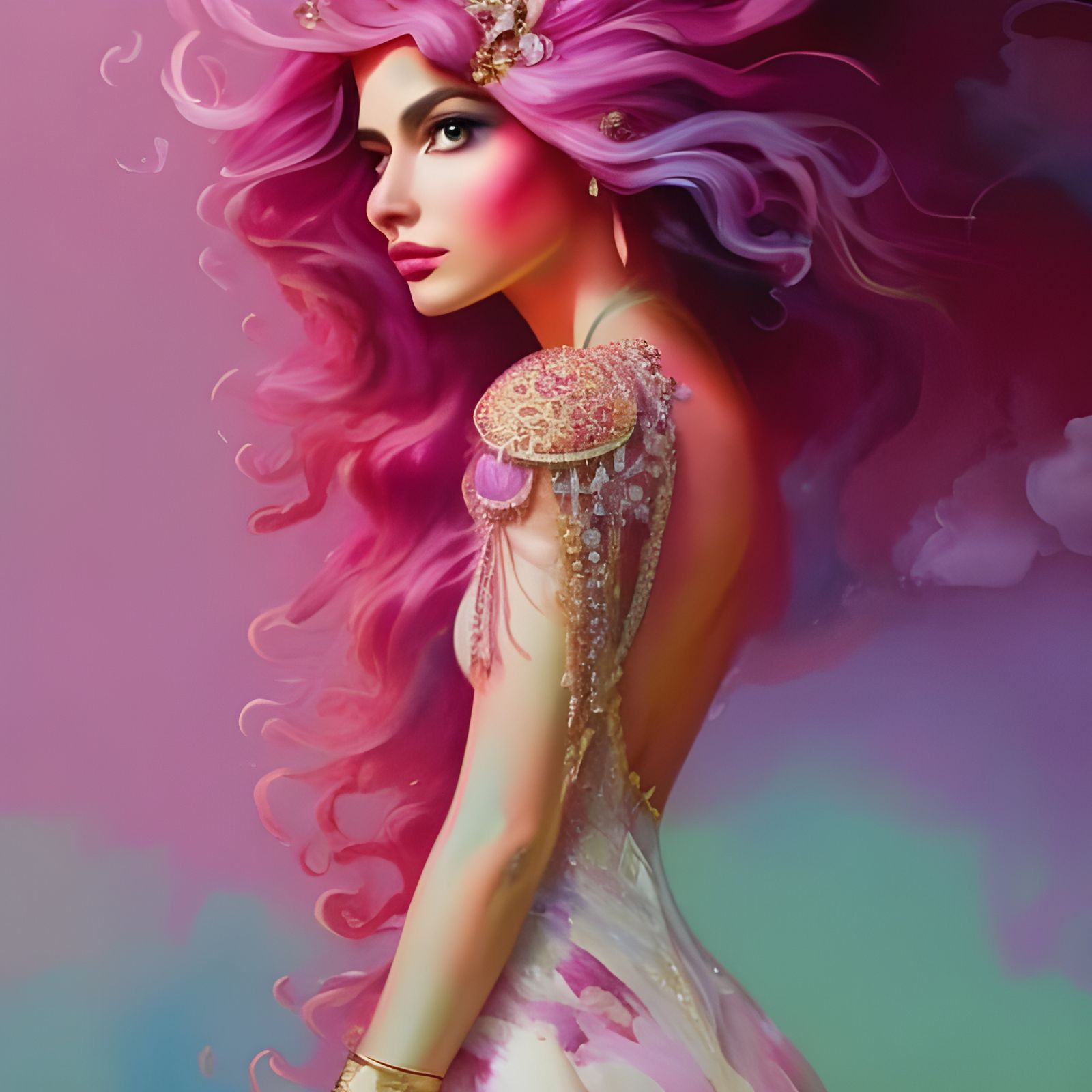 Beautiful Persian Girl with Pink Hair as Gouache Painting