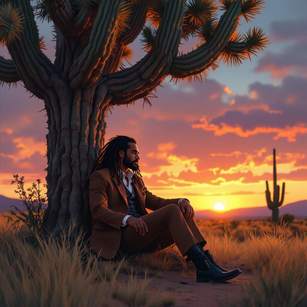 Sunset Serenity: Man Under Cactus in Grassland