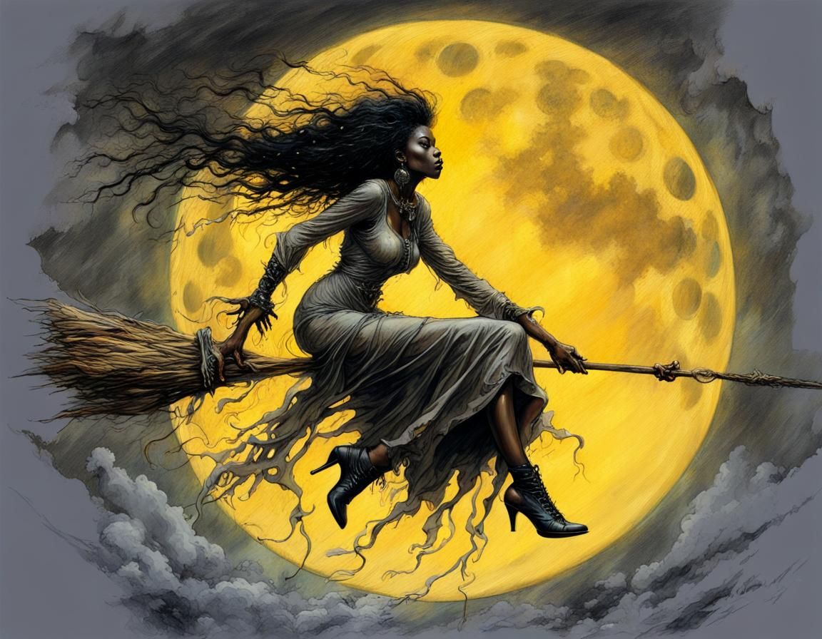 Beautiful Witch Flies on Halloween Night