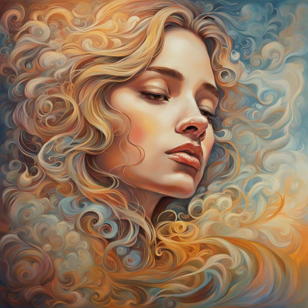 Serene Woman in Art Nouveau Style, Surrounded by Whispers of...