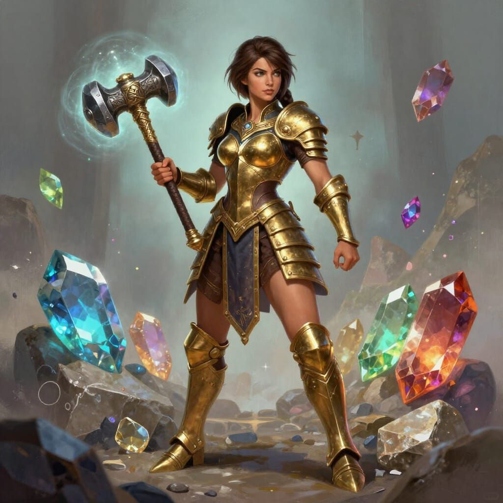 Muscular Woman in Brass Armor with War Hammer and Crystals