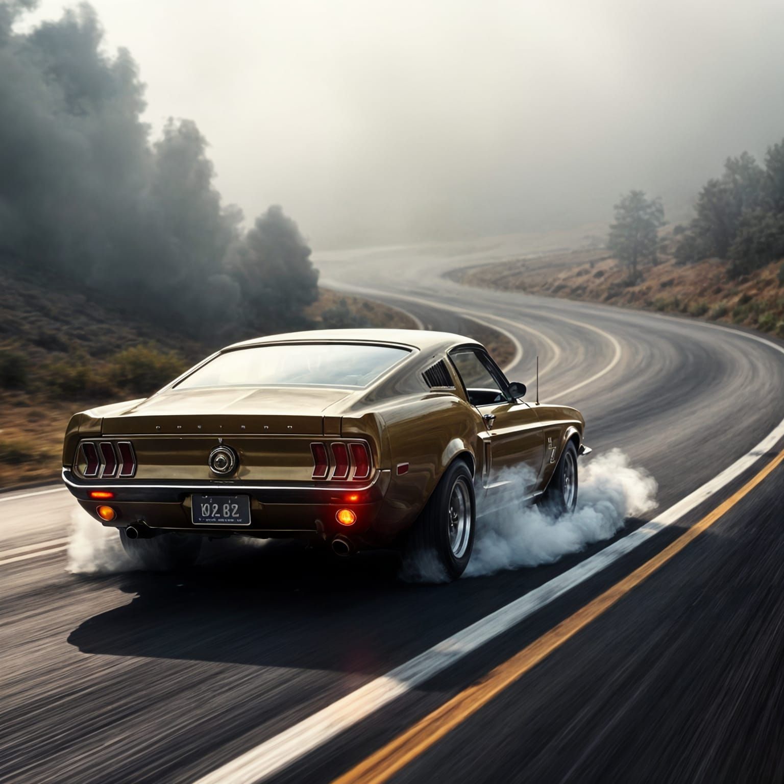 a 1968 Mustang fastback model screeching down a winding road as the back tires smoke from burnouts and donuts.