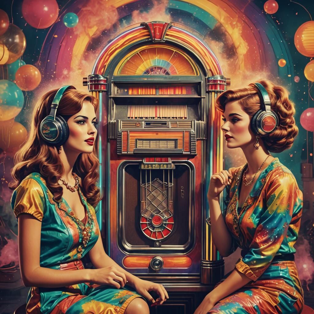Psychedelic Women Listen to Jukebox in Pop Art Style