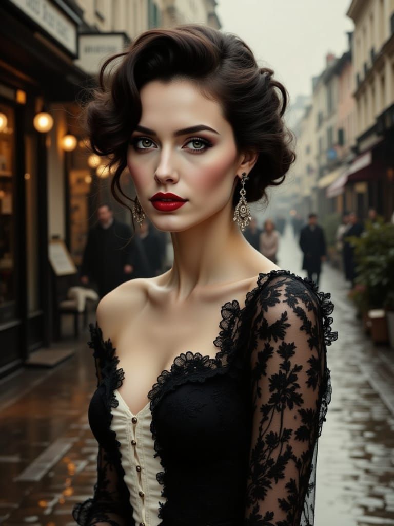 Elegant Woman in Lace Gown on Wet Cobblestone Street