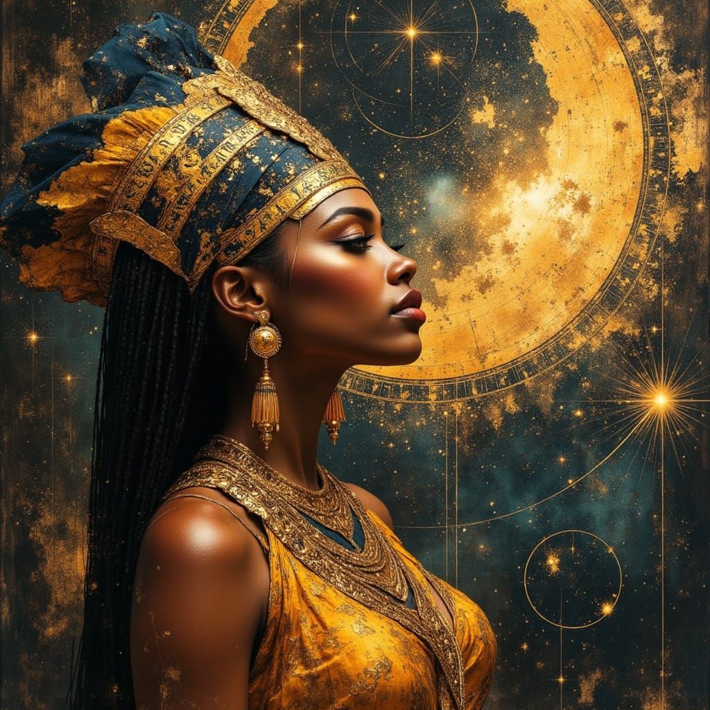 Nubian Queen Gazes at Celestial Map in Oil Painting Style