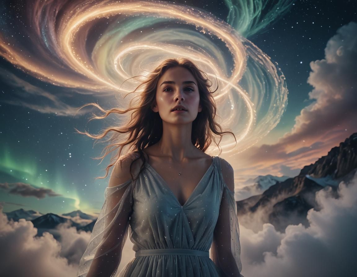 Mystifying Woman in Starry Vortex, Cinematic Portrait