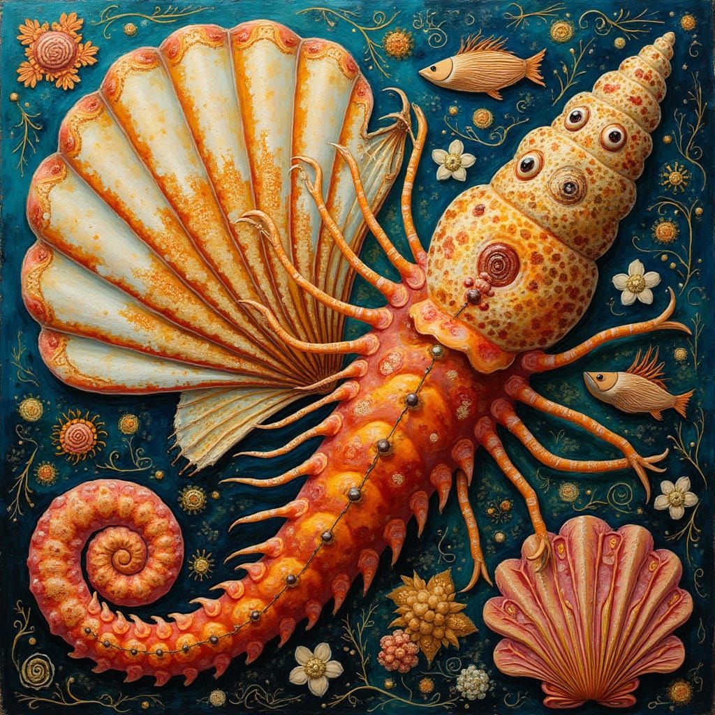 Shellfish and Fin Fish Still Life, Ornate Style