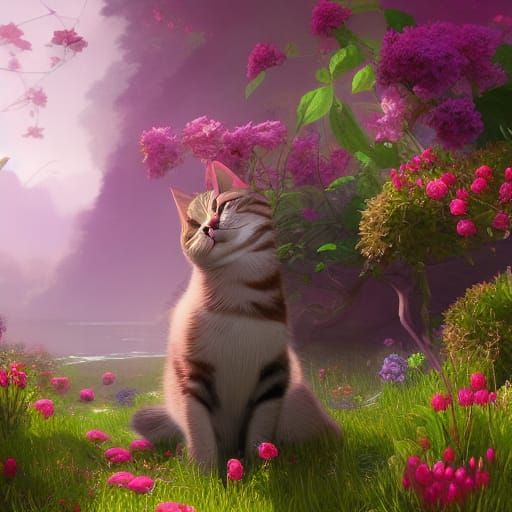 Cat Picking Flowers: Detailed Fantasy Art