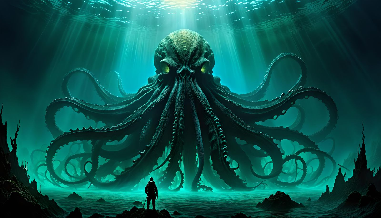 Kraken in Dark Undersea World: Hyperrealistic Horror