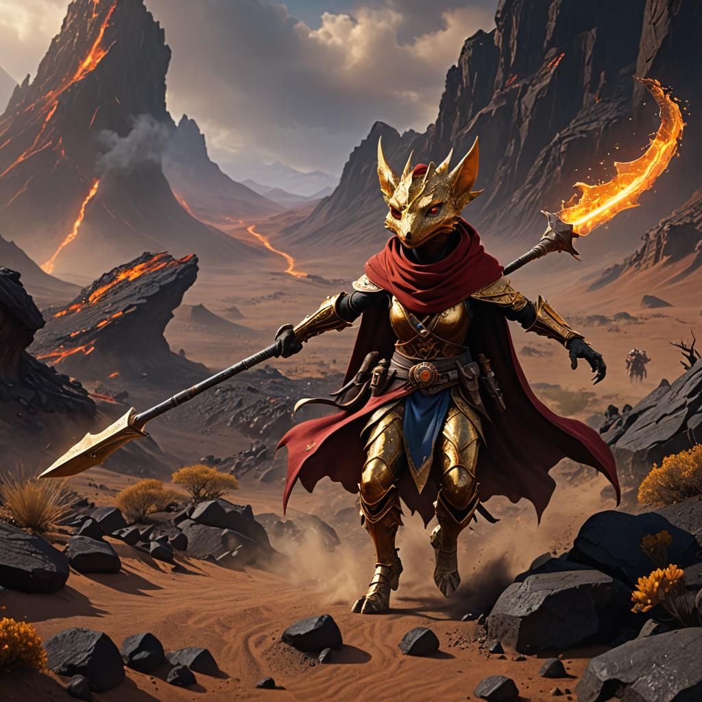 Gold Kobold Sorcerer Emerges from Volcanic Desert
