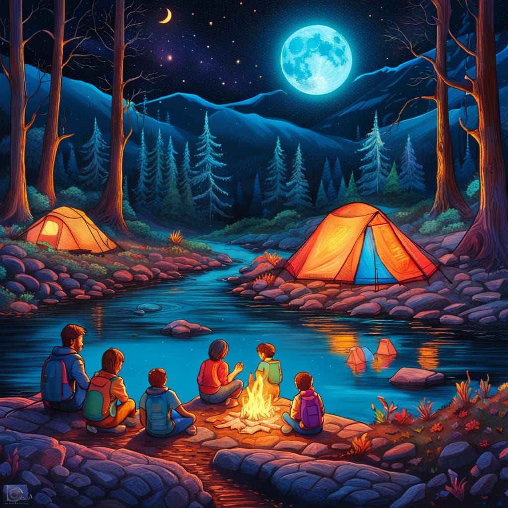 Family Camping Under a Holographic Moon
