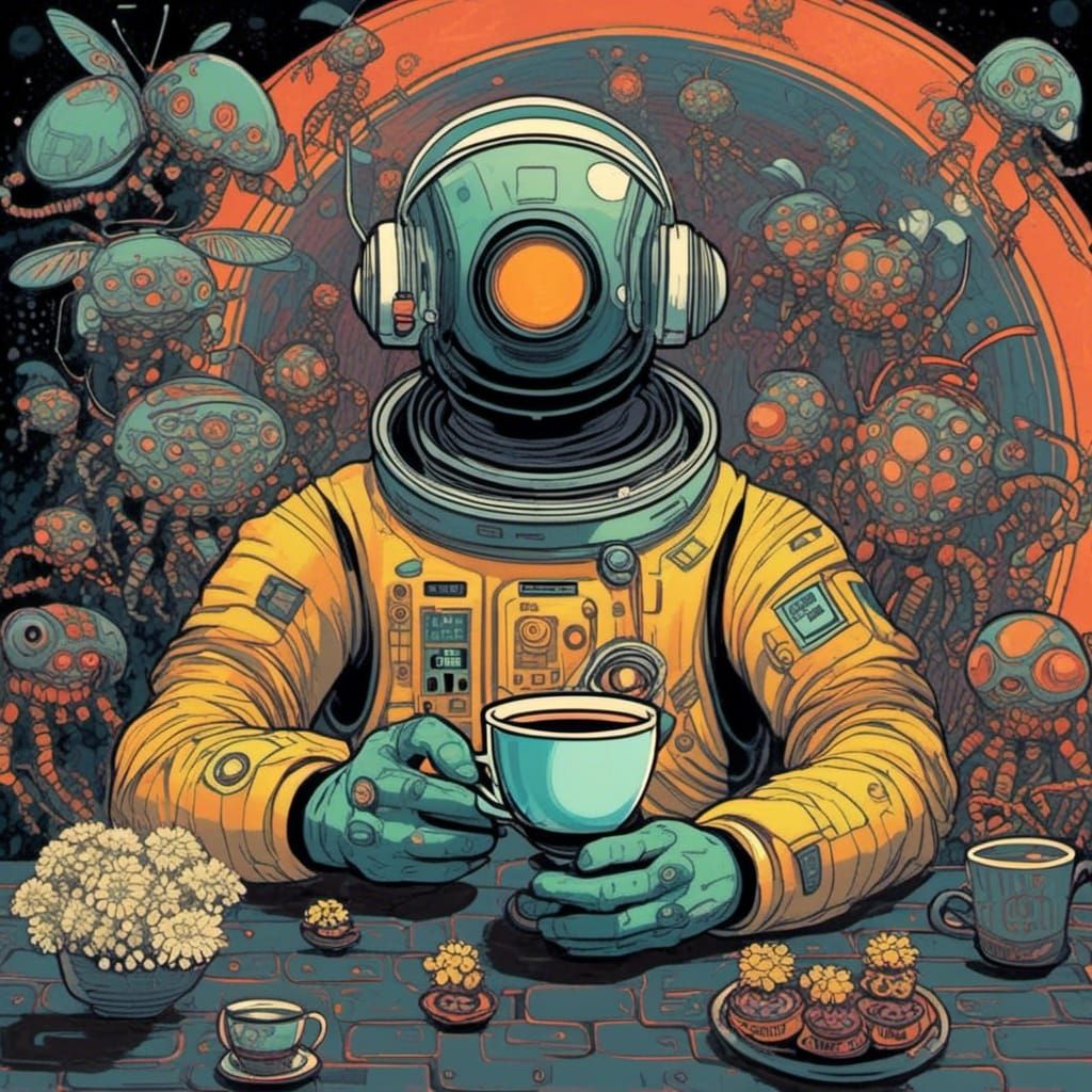 Astronaut's Tea Party with Curious Alien Bugs