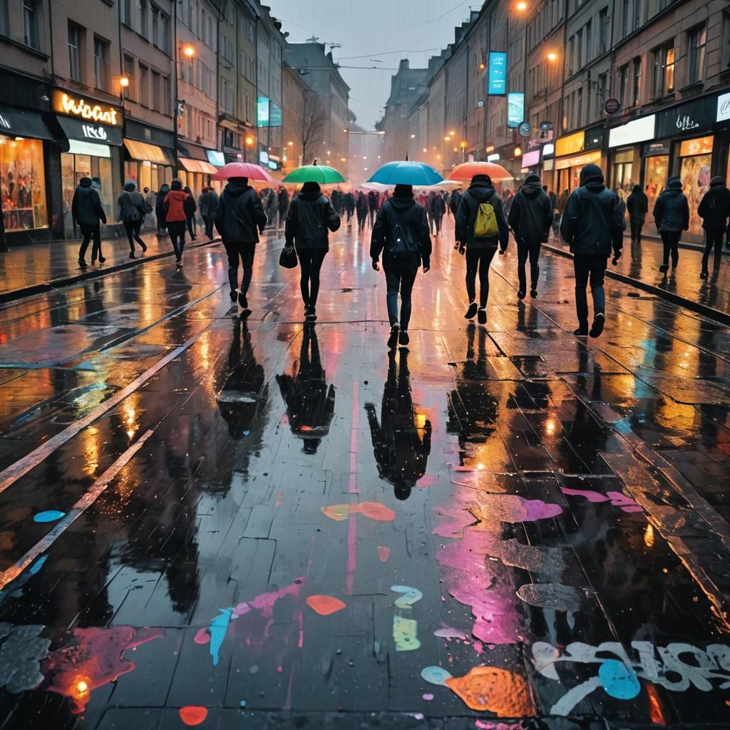 Warsaw Cityscape in Rain: Graffiti Art at Dusk