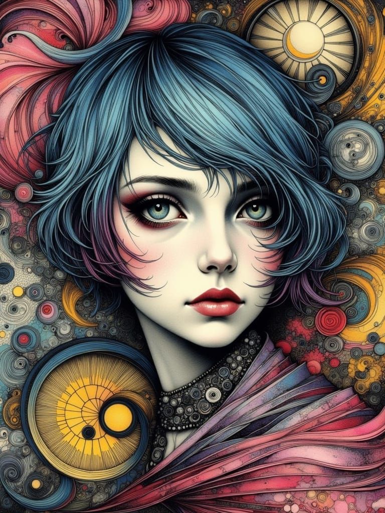 Gothic Woman Portrait with Abstract Swirls and Patterns