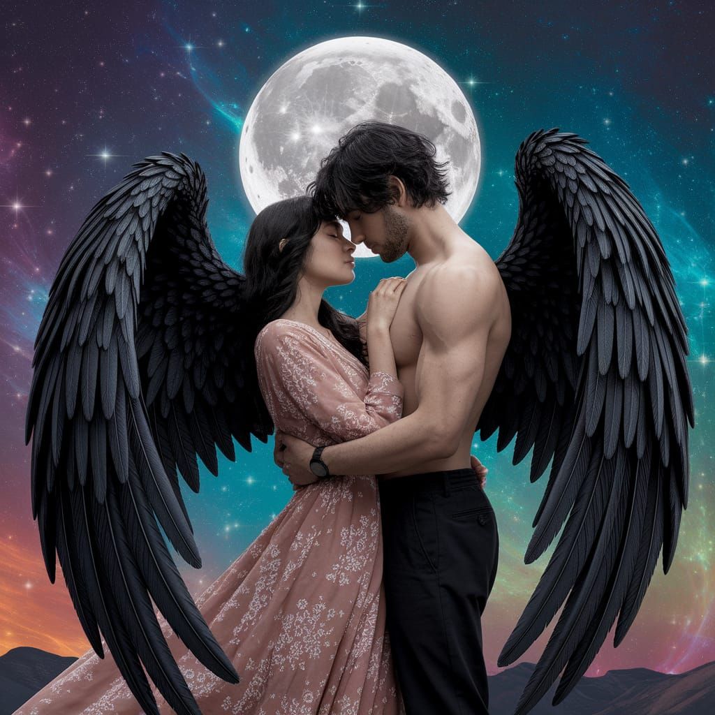 Ethereal Couple Embracing in Moonlit Cosmic Landscape