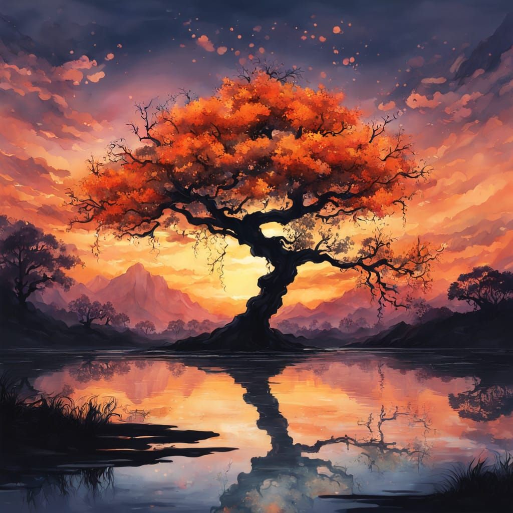 Twisted Cherry Blossom Tree in a Vibrant Sunset