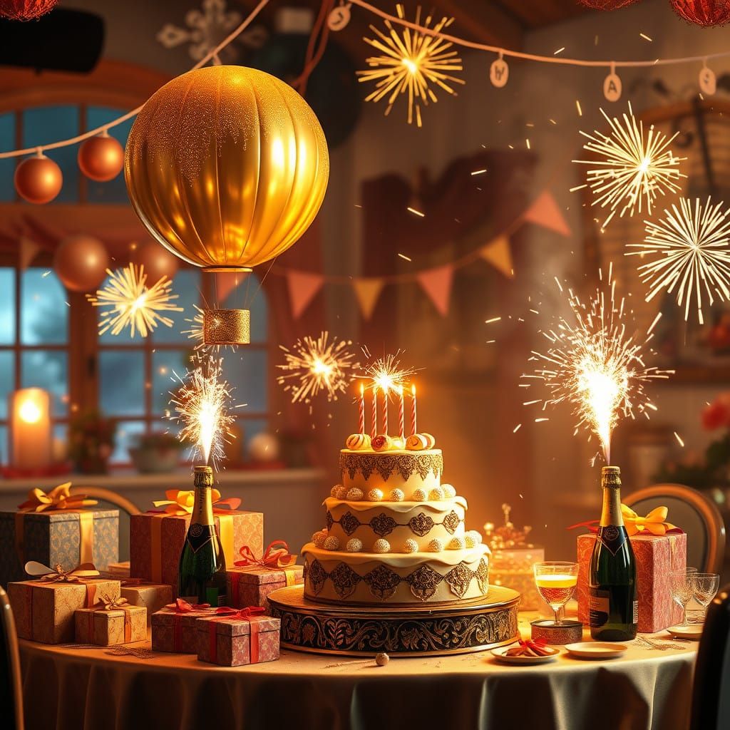 Golden Birthday Celebration in Whimsical Concept Art Style