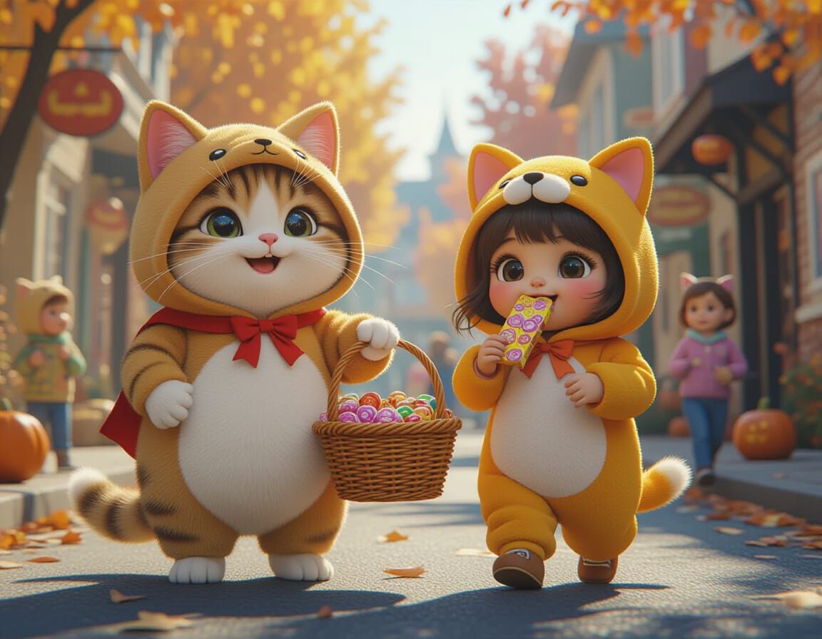 Anthropomorphic Cat & Dog Children in Halloween Costumes