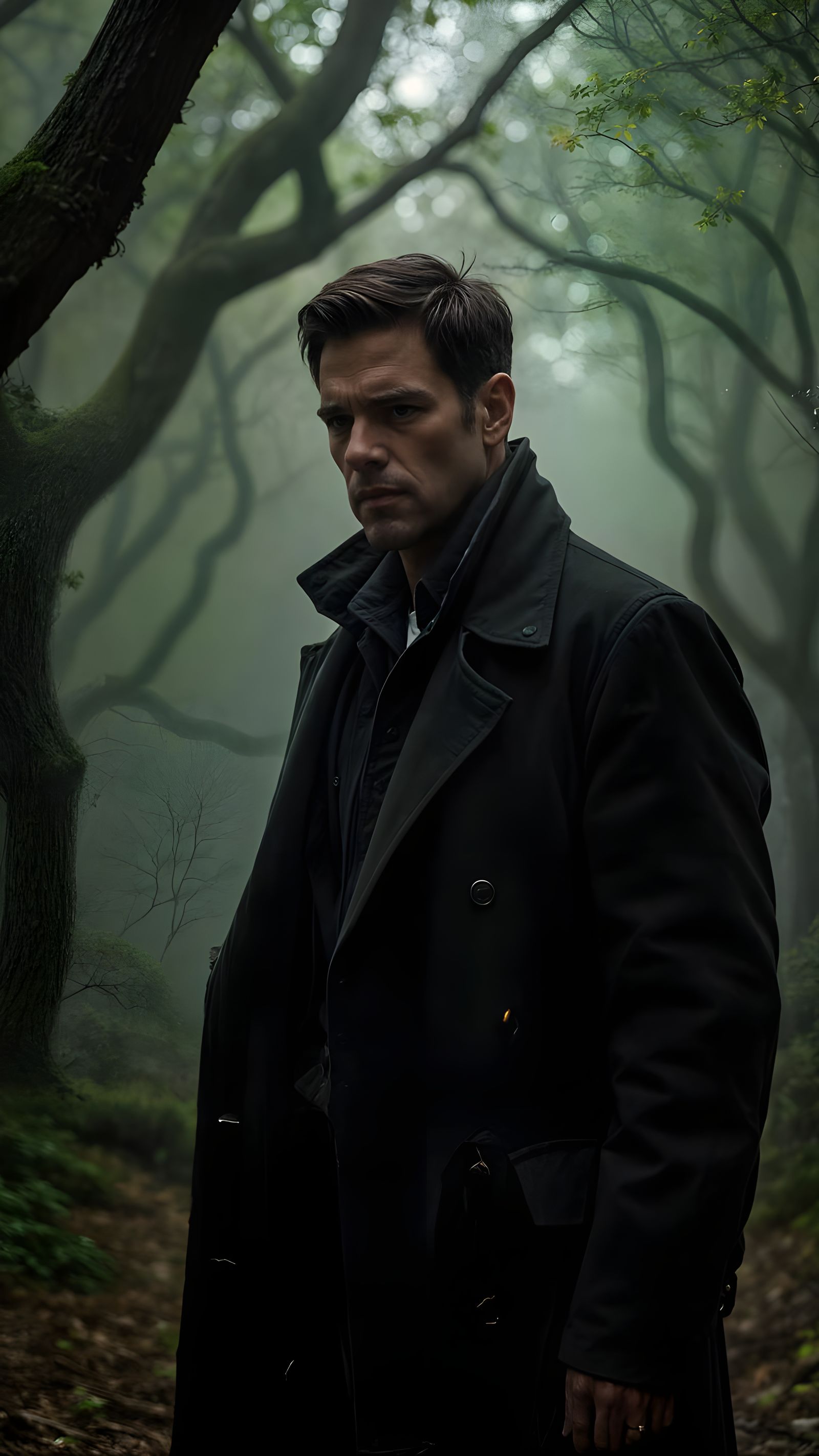 Noir Forest Thriller: Man in Fog, Mysterious Path