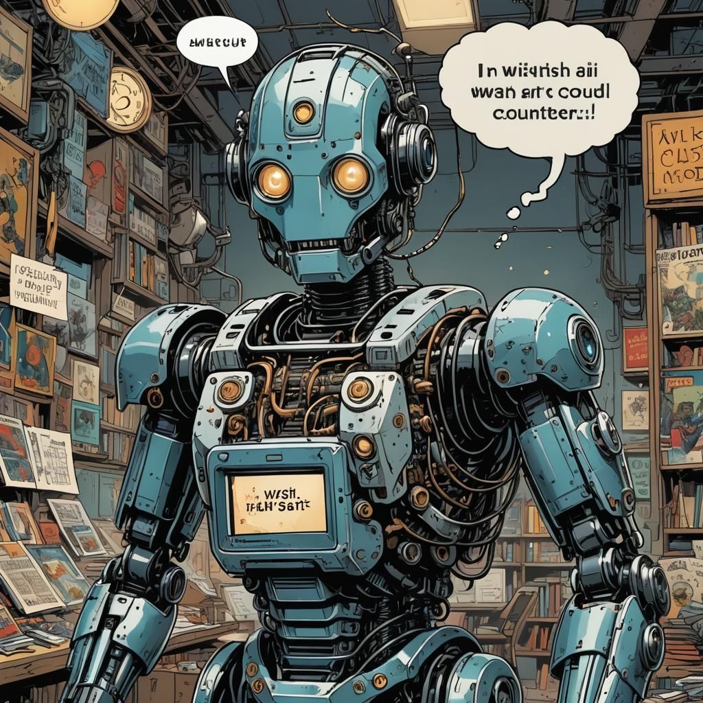 Robot with Thought Bubble in Comic Book Style