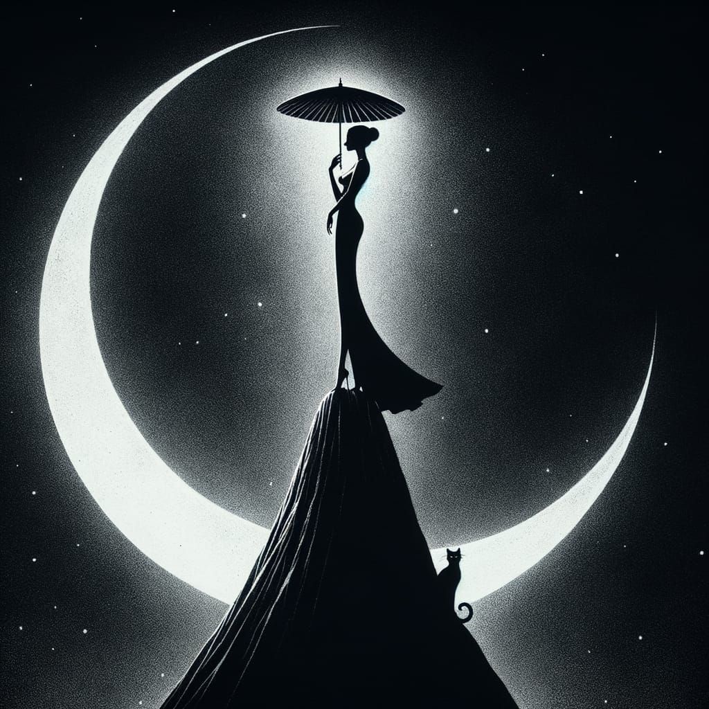 South Asian Woman and Cat Under Moonlit Sky