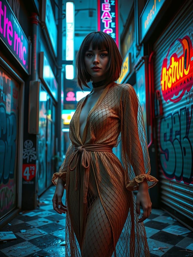 Cyberpunk Goddess in Deep, Vibrant Cityscape