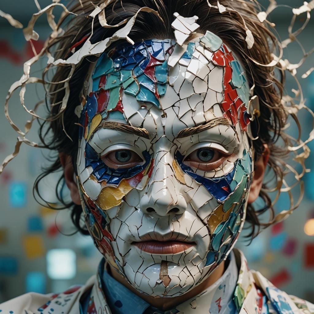 Cracked Porcelain Mask Reveals Colorful Chaos